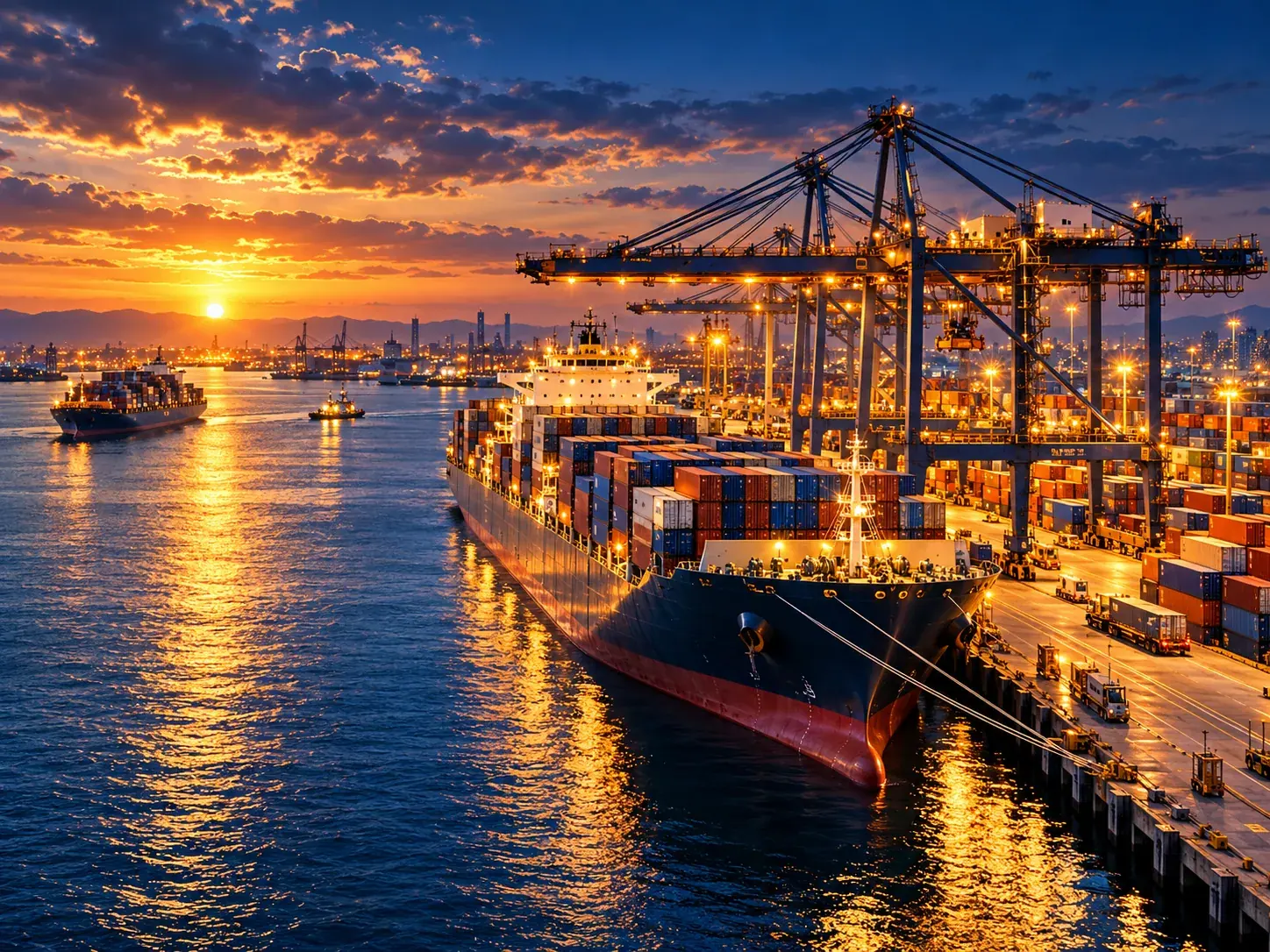 Visuel illustratif d’un terminal portuaire au coucher du soleil